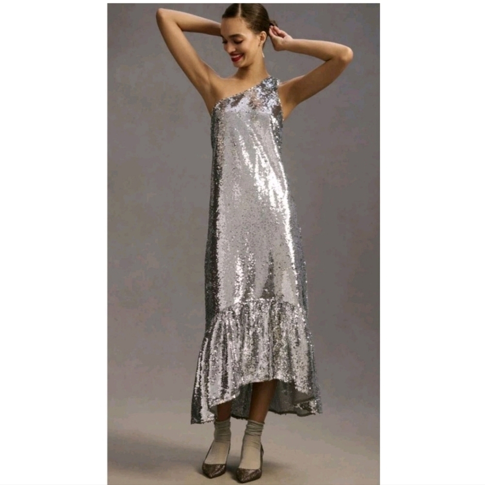 NWT Anthropologie Maeve One-Shoulder Silver Sequin Dress